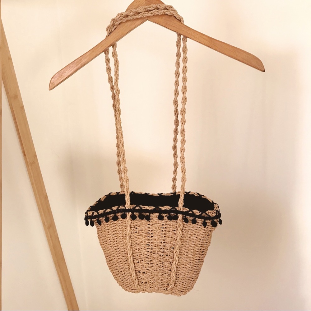 RESTOCKED Straw Woven Basket Bag with Pom Poms - Picture 3 of 6